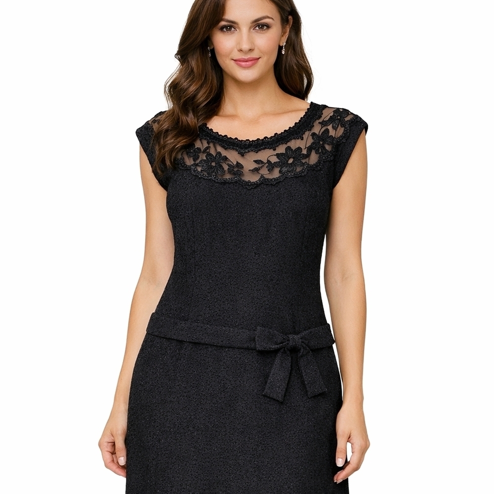 Drop Waist Black Lace Mesh Cocktail Dress 1920s Inspired Bow Detail